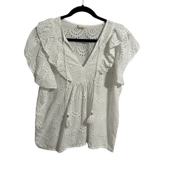 Nicole Miller Artelier White Eyelet TopCotton Eyelet  Flutter Short Sleeve Top L - Picture 2 of 10